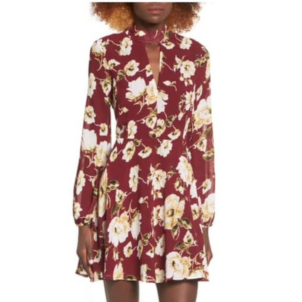 Lucca Burgundy Beige Floral Long Sleeve High Neck Keyhole Fit & Flare Mini Dress
